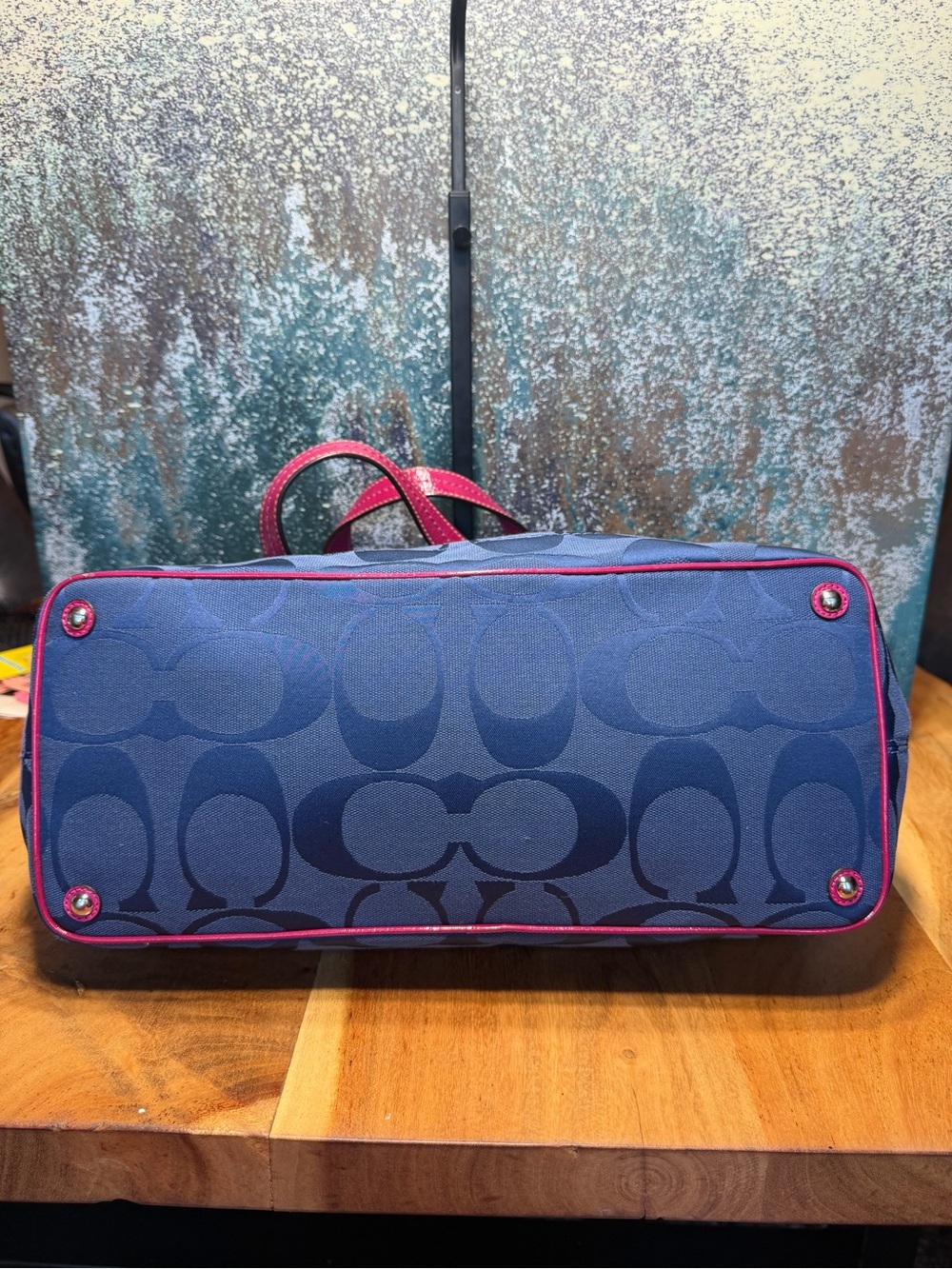 Coach Barbiecore Kisslock Y2K 2010 Laura Signature Carryall Navy Fuchsia Tote - Picture 7 of 14